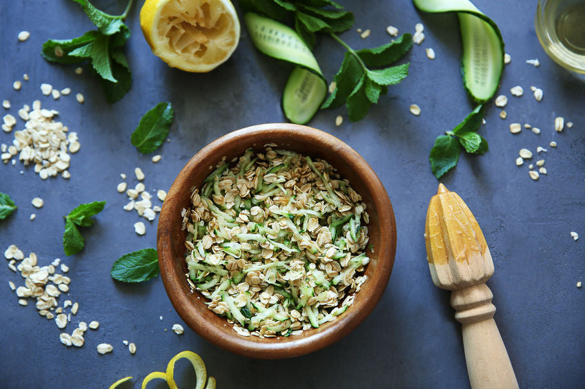 oatmeal and cucumber in pestle