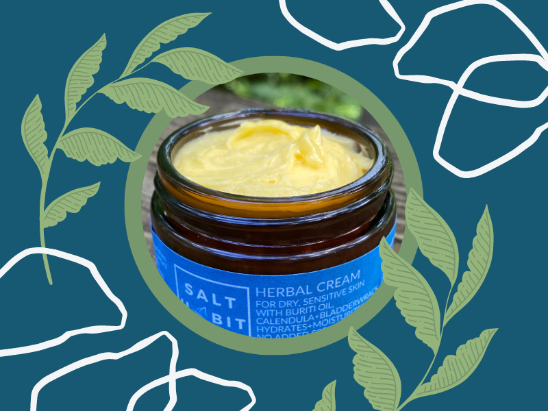 Golden-colored anhydrous, natural cream made with calendula, bladderwrack, and buriti oil